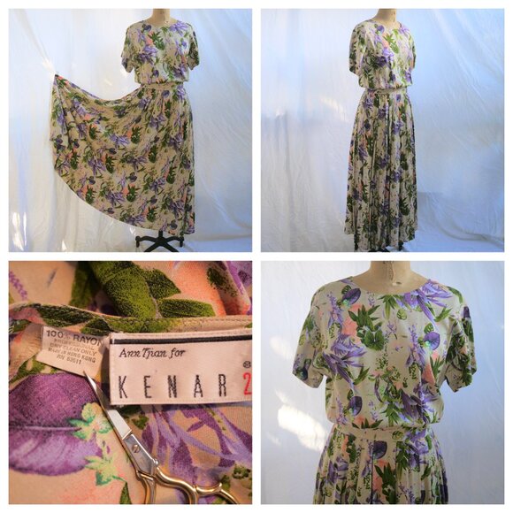 vtg Ann Tjian KENAR 2 Purple Floral Rayon Pleated Skirt Dress Hong Kong 8 EUC - Picture 1 of 11